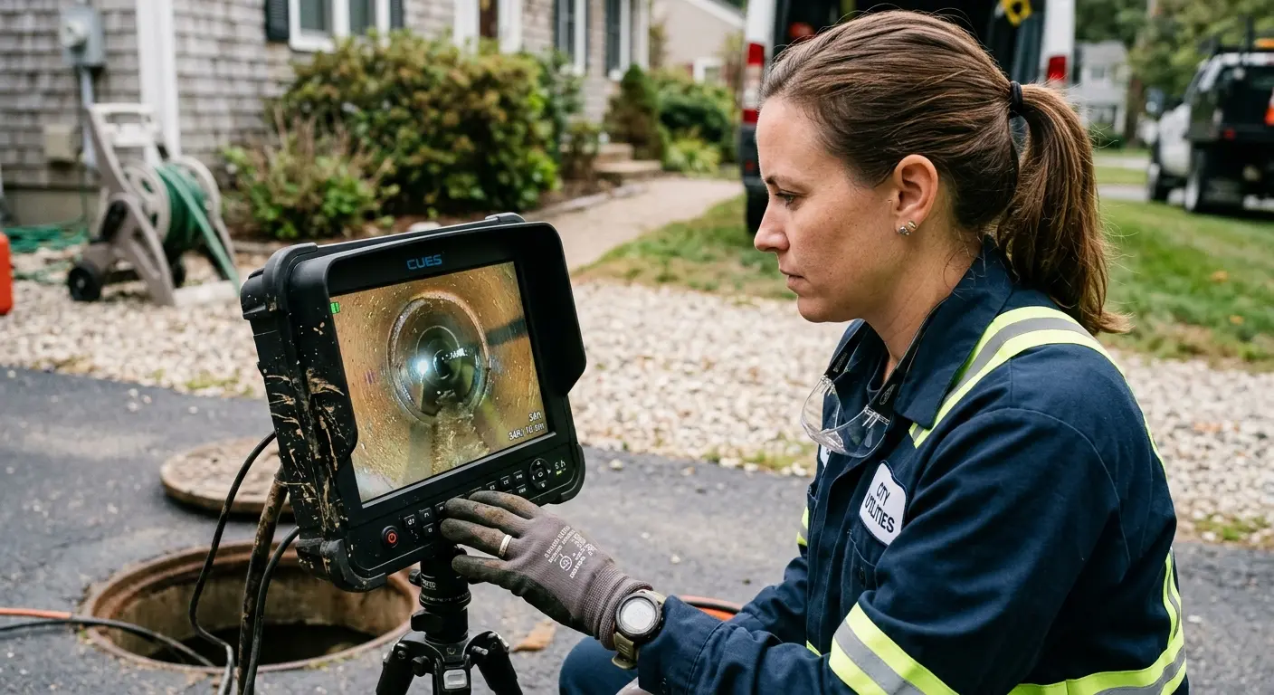 Technician reviewing sewer camera inspection footage in Fellsmere