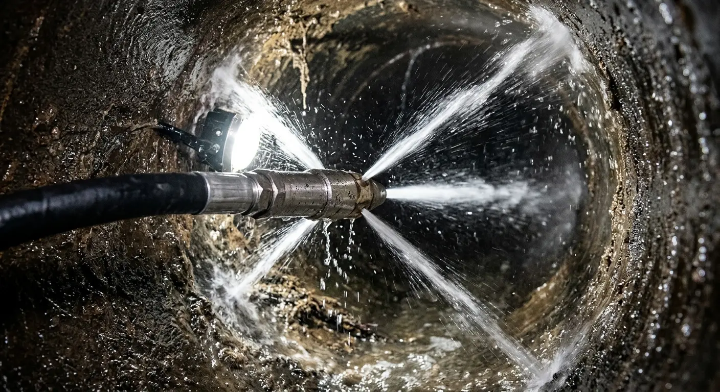 High-pressure hydro jetting nozzle cleaning sewer pipe for Emergency Drain Service in Fellsmere