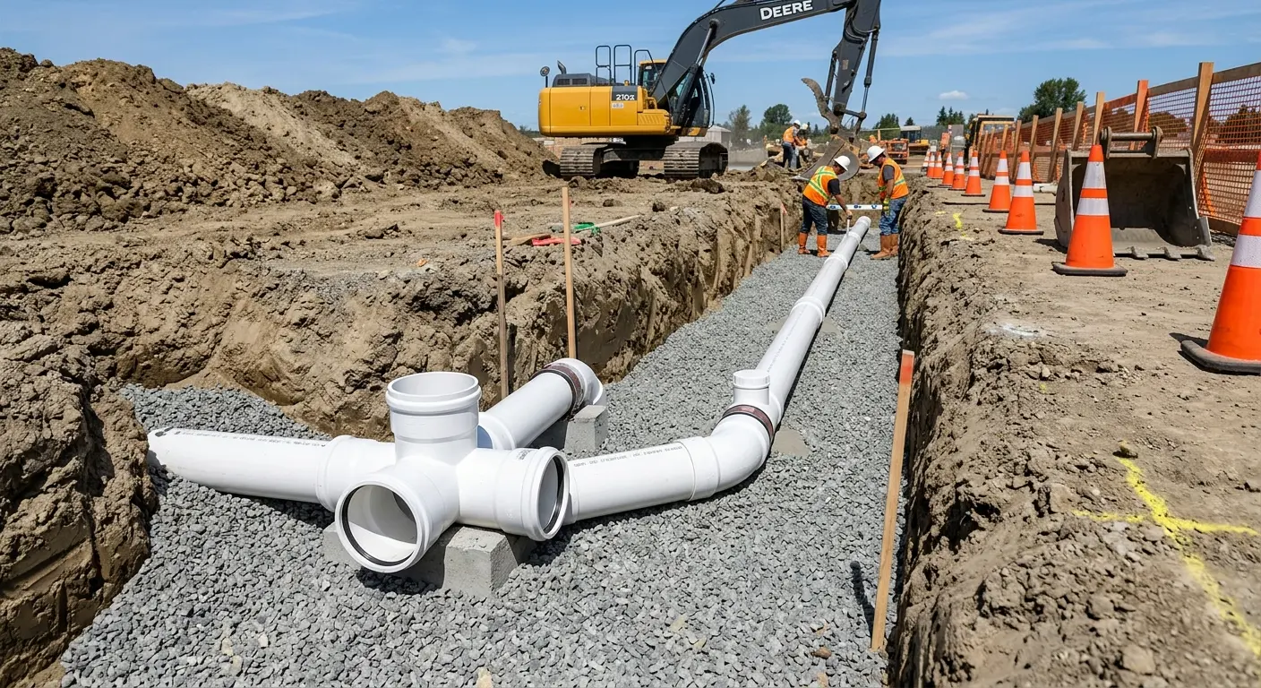 New PVC sewer pipe installation in open trench for Sewer Backup in Fellsmere
