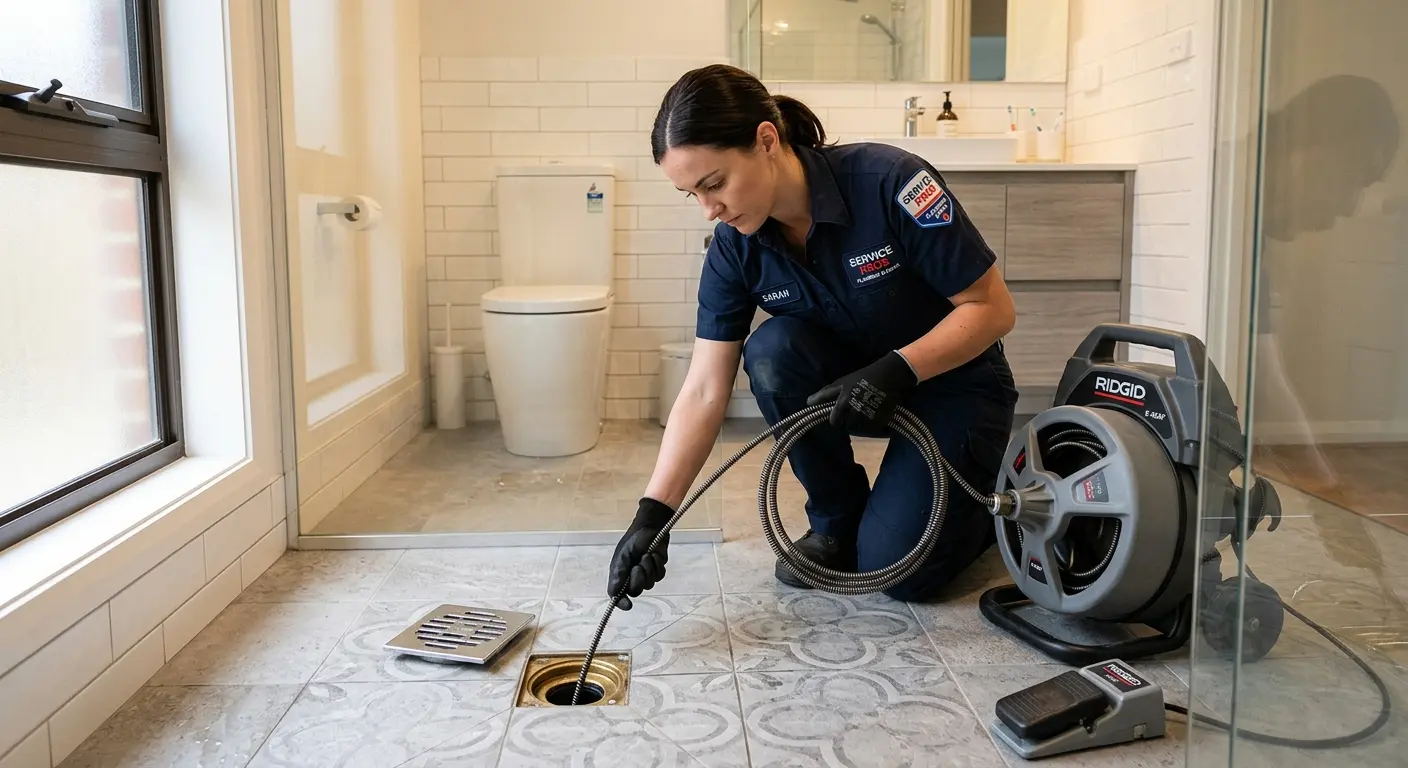 Technician clearing a bathroom floor drain for Drain Repair in Fellsmere